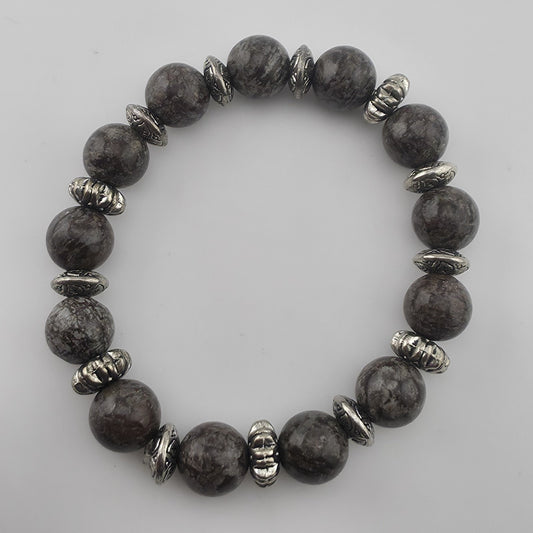 Bali Silver Tone Coffee Bean Jasper Beaded Stretch Bracelet 6" Jewelry