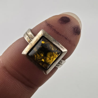 Vintage Sterling Silver Baltic Amber Ring Size 7 Geometric Modernist Statement