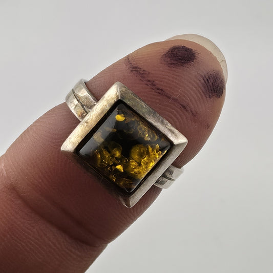 Vintage Sterling Silver Baltic Amber Ring Size 7 Geometric Modernist Statement