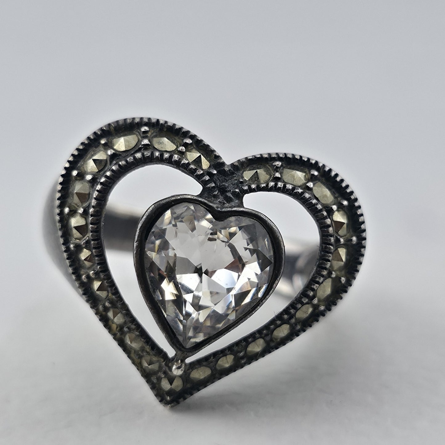Sterling Silver 925 Heart Ring Clear CZ Marcasite Open Heart Size 7 Patina