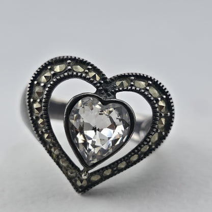 Sterling Silver 925 Heart Ring Clear CZ Marcasite Open Heart Size 7 Patina