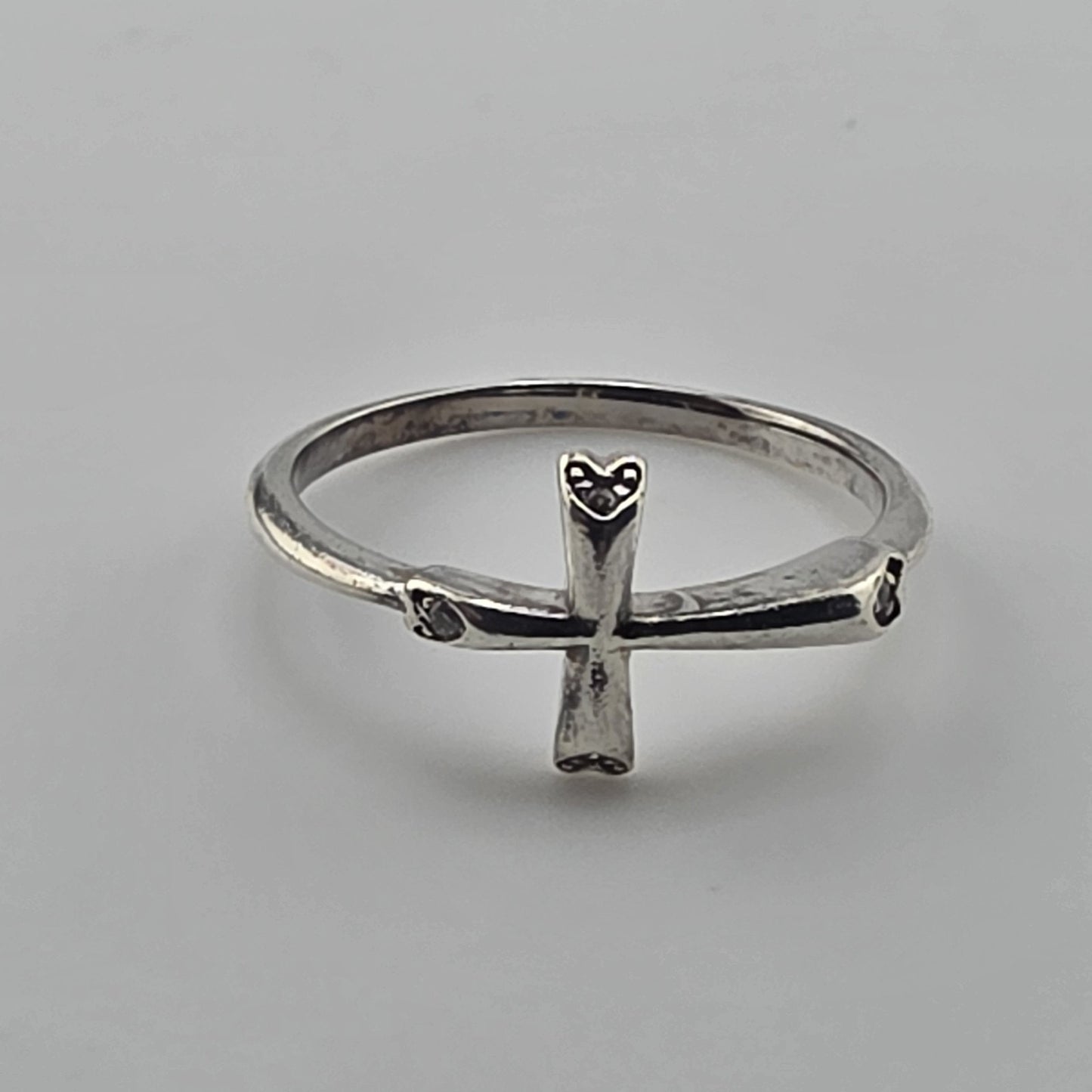 925 Sterling Silver Cross Ring Size 8 Clear Stones Dainty Religious Hearts Band