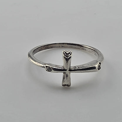925 Sterling Silver Cross Ring Size 8 Clear Stones Dainty Religious Hearts Band