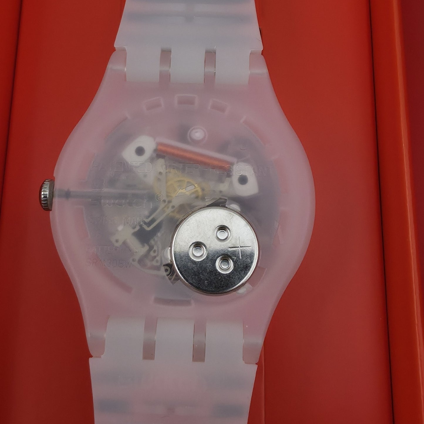 NEW Swatch MASKARA Skeleton Clear Dial Silicone Stripes Watch SUOW122