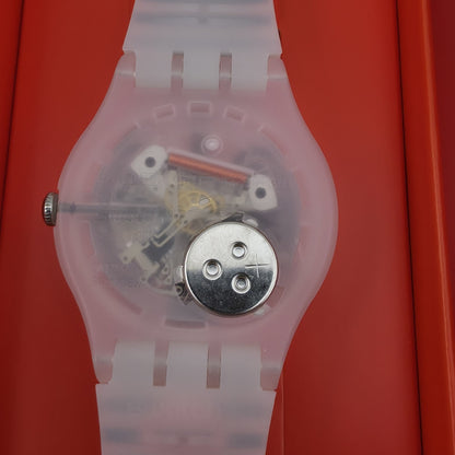 NEW Swatch MASKARA Skeleton Clear Dial Silicone Stripes Watch SUOW122