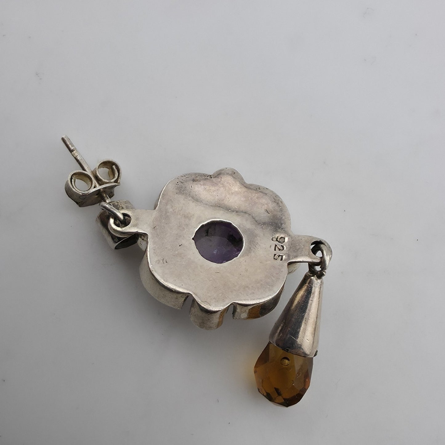 Vintage 925 Sterling Silver Amethyst Citrine Dangle Earrings Gemstone Drop Boho