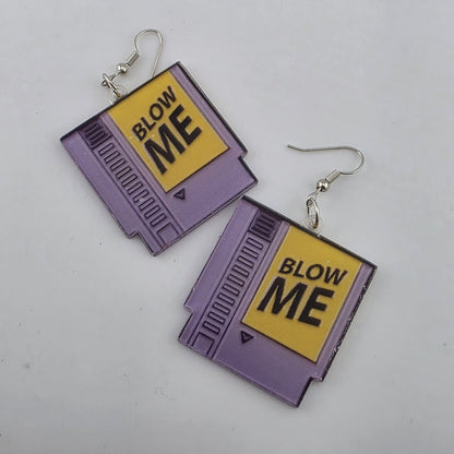 Vintage Style Purple NES Game Cartridge “Blow Me” Dangle Earrings