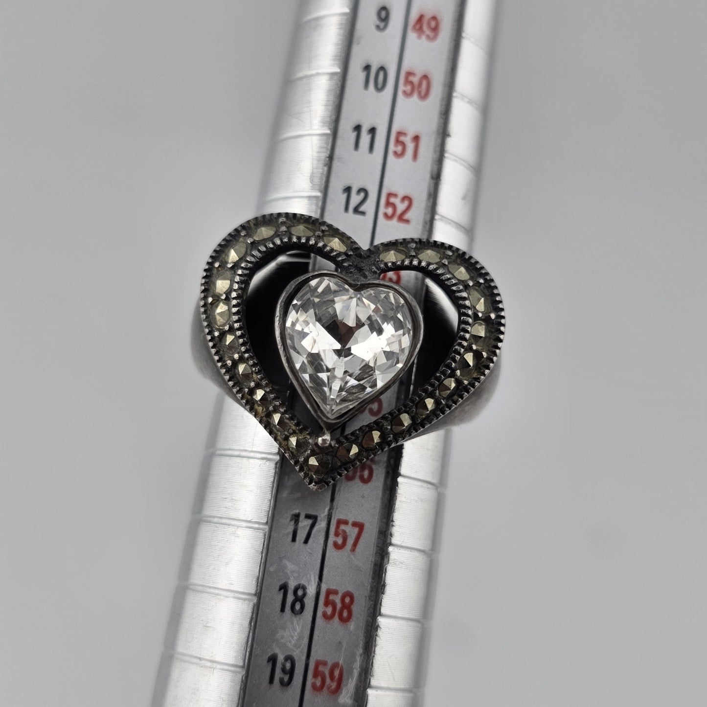 Sterling Silver 925 Heart Ring Clear CZ Marcasite Open Heart Size 7 Patina