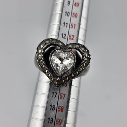 Sterling Silver 925 Heart Ring Clear CZ Marcasite Open Heart Size 7 Patina
