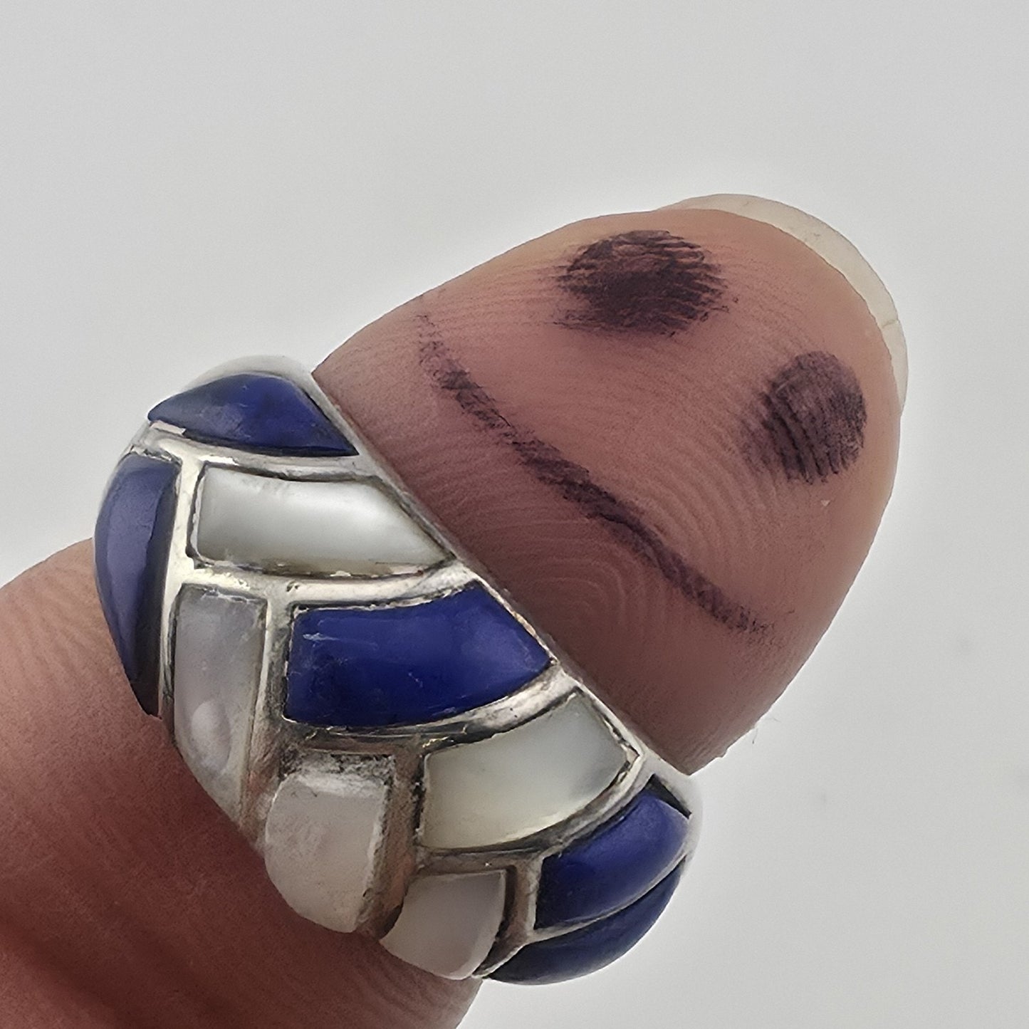 Vintage Sterling Silver Blue White Inlay Ring Size 6 Thailand 925 Mosaic Dome
