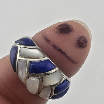 Vintage Sterling Silver Blue White Inlay Ring Size 6 Thailand 925 Mosaic Dome