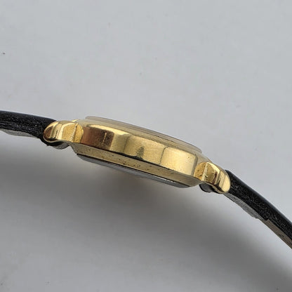 Vintage Timex Quartz Women's Gold Tone Dress Watch Black Strap Runs 6.75 Wrist