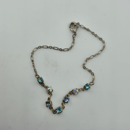 Blue Aurora Borealis Rhinestone Bracelet Silver Tone Delicate Chain 8.5in