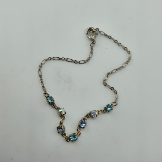 Blue Aurora Borealis Rhinestone Bracelet Silver Tone Delicate Chain 8.5in