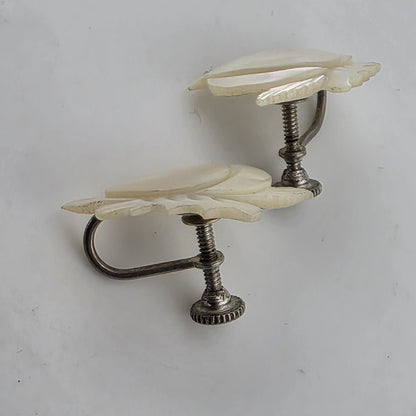 Vintage Sterling Silver Mother Of Pearl Screw Back Earrings Floral Leaf Shell