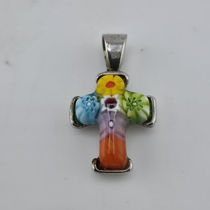 Allan K Sterling Silver Murano Millefiori Glass Cross Pendant Floral Mosaic