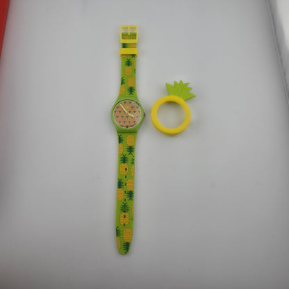 Swatch Originals Exotic Taste Pineapple Watch Green Strap Removable Bezel New
