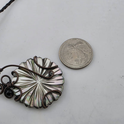 Abalone Shell Pendant Copper Wire Wrapped Artisan Boho Necklace 1.4"