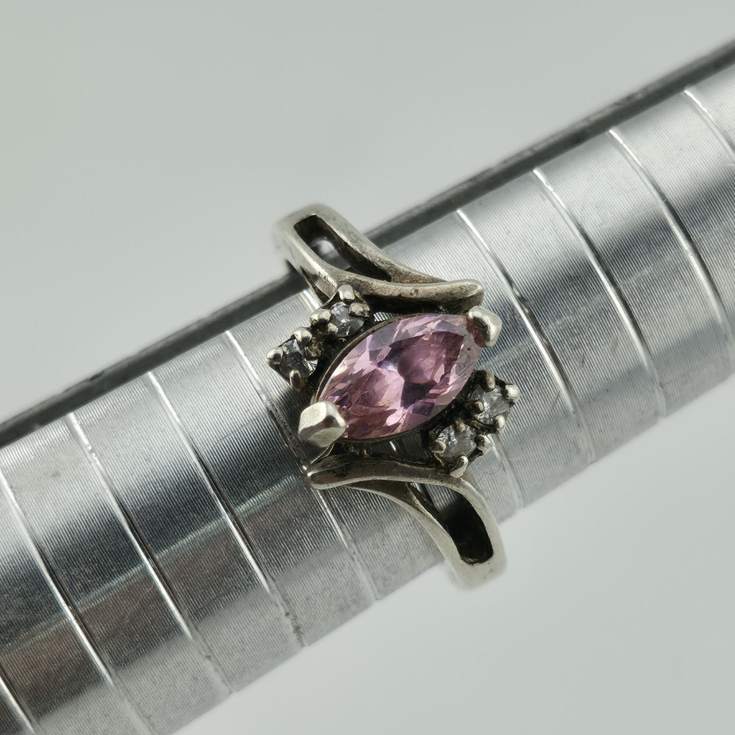 Sterling Silver 925 marquise cut Pink Stone Ring CZ Accents Size 8.75