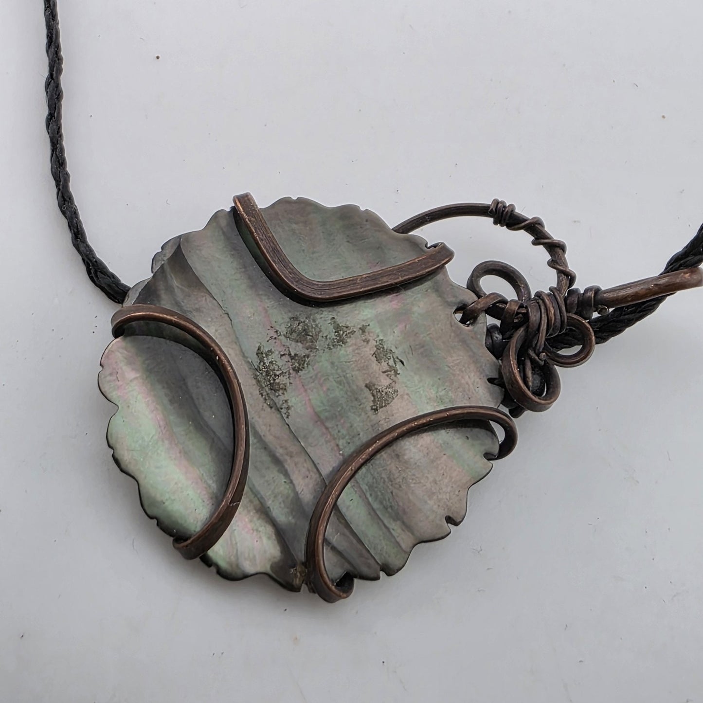 Abalone Shell Pendant Copper Wire Wrapped Artisan Boho Necklace 1.4"