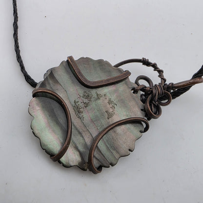 Abalone Shell Pendant Copper Wire Wrapped Artisan Boho Necklace 1.4"