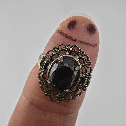 Vintage Mid Century Sterling Silver Black Onyx Ring Size 6.5 Filigree Statement