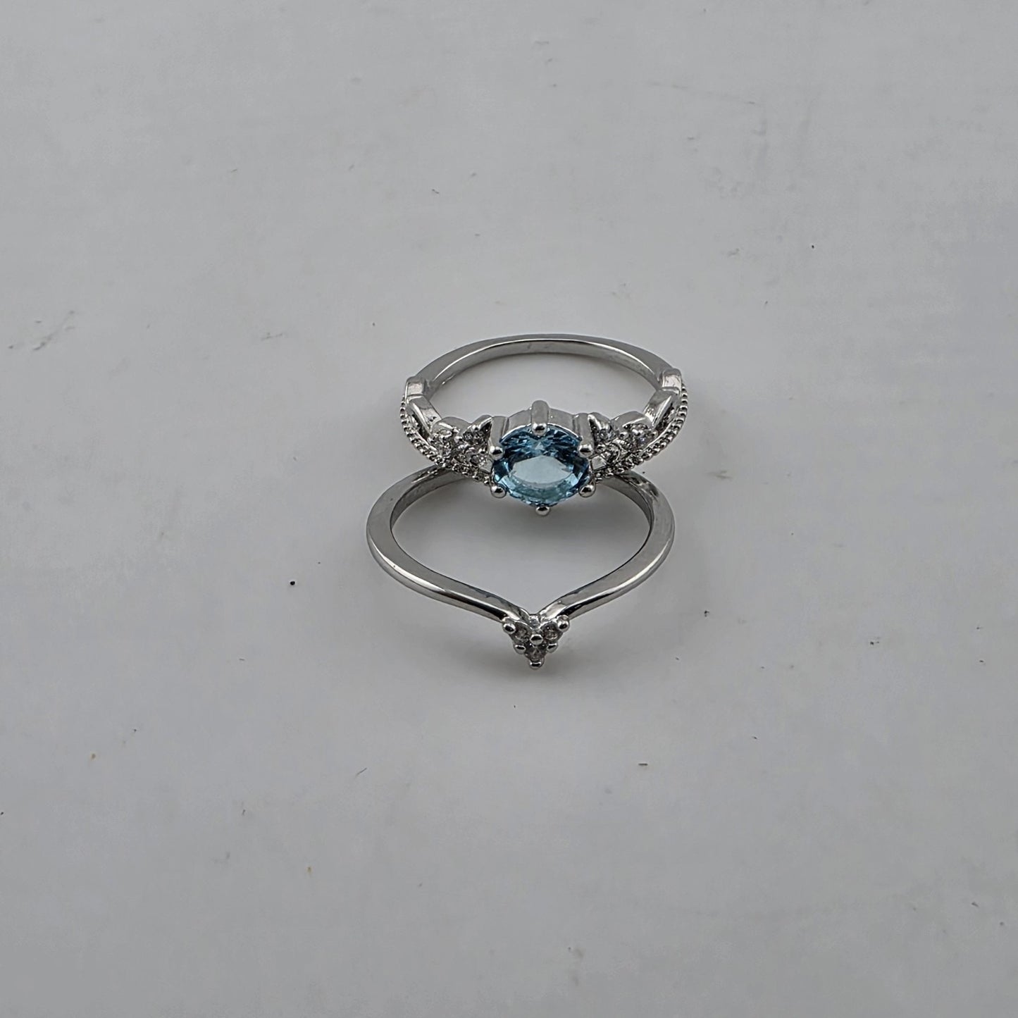 Silver Tone Blue Stone Tiara Ring Set 2 Pcs Size 7 New Cute Fashion costume