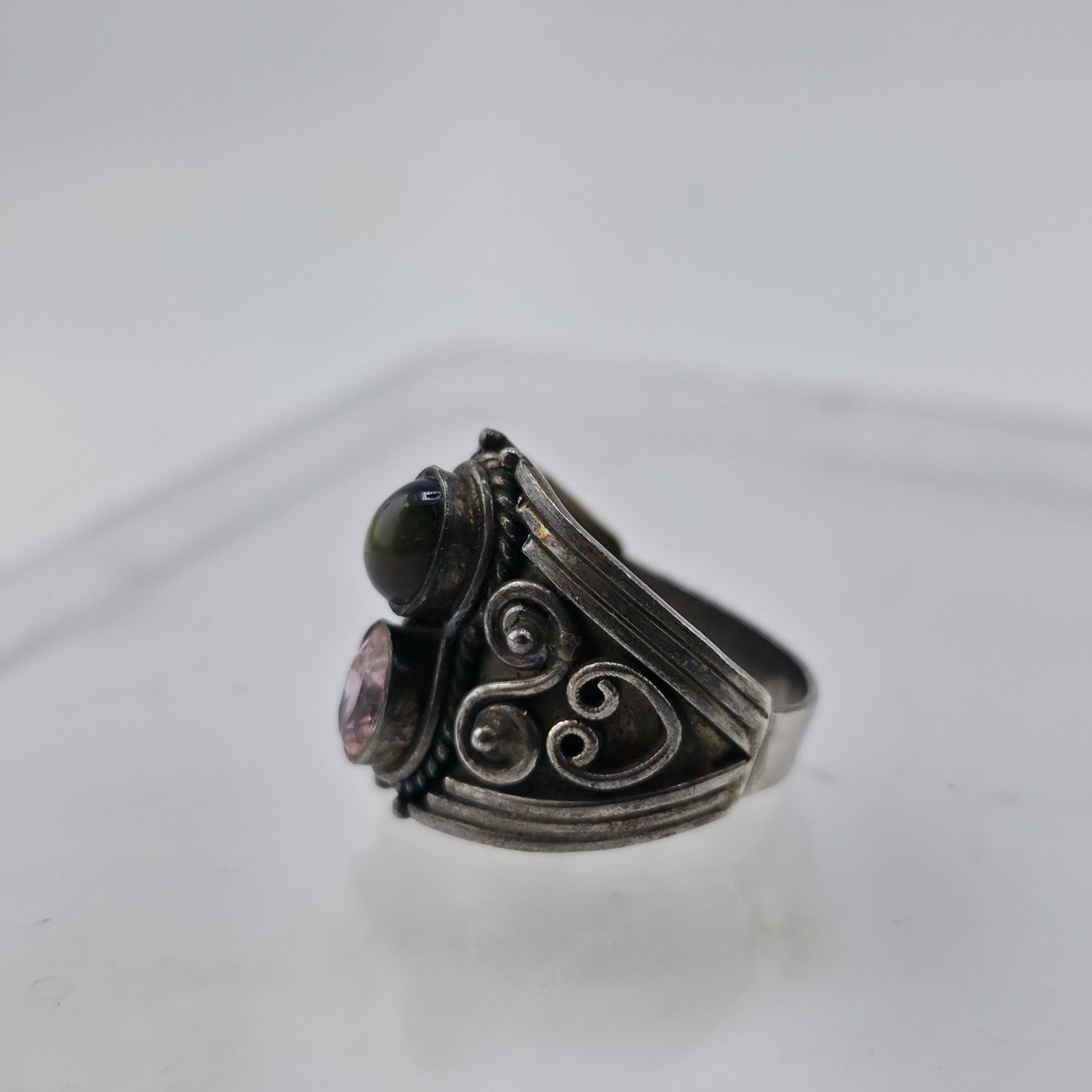 Vintage Sterling Silver Ring Pink Stone Opal Cabochon Filigree Size 8.75 925