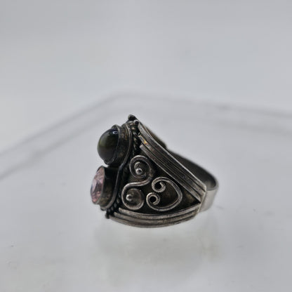 Vintage Sterling Silver Ring Pink Stone Opal Cabochon Filigree Size 8.75 925