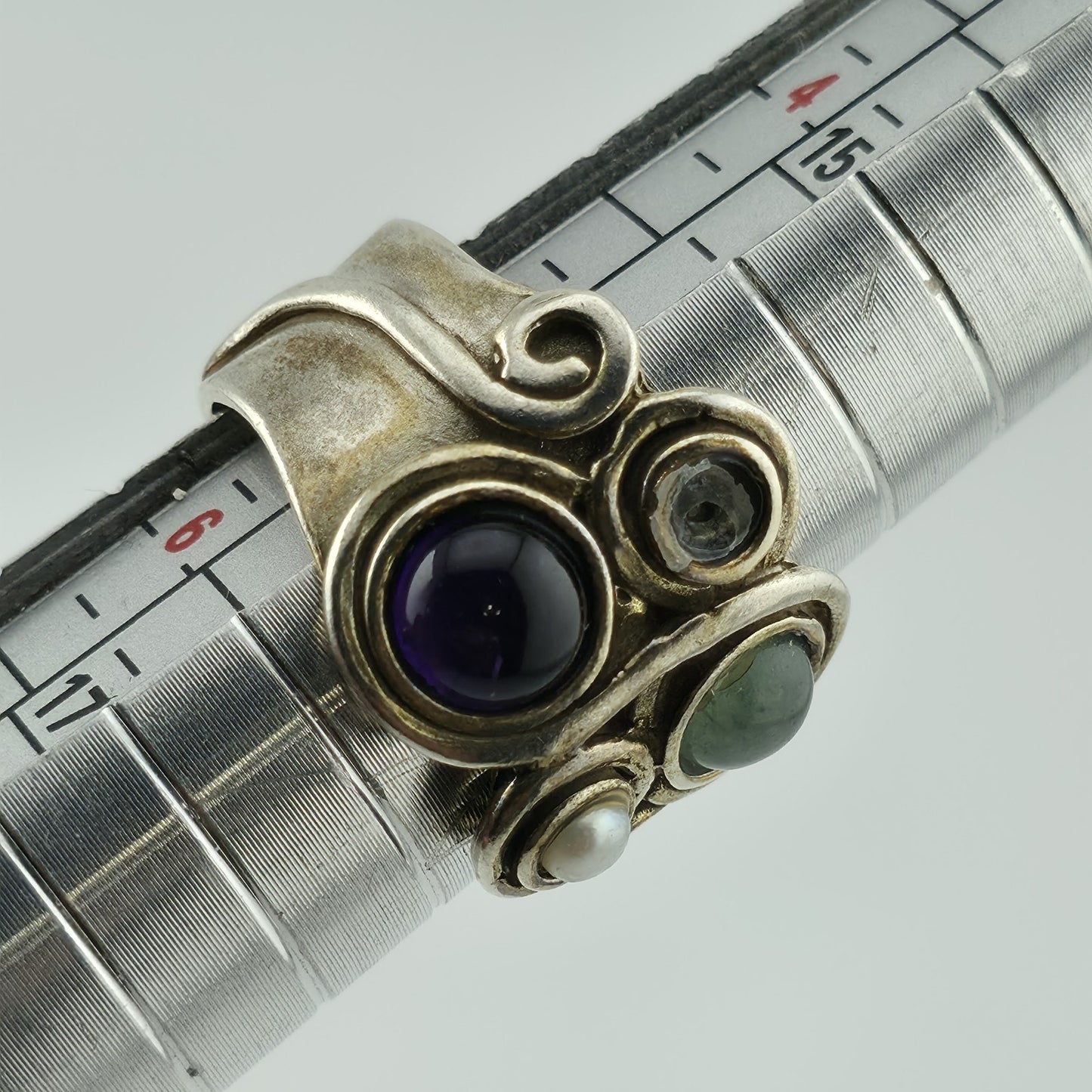 Sterling Silver Multi Stone Ring Sz 5.5 Amethyst Pearl Gem Artisan Missing Stone