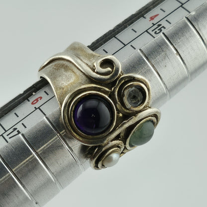 Sterling Silver Multi Stone Ring Sz 5.5 Amethyst Pearl Gem Artisan Missing Stone