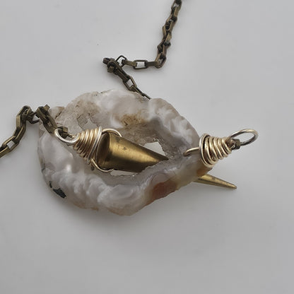 Vintage Druzy Agate Geode Pendant Necklace Brass Spike Layered Boho Jewelry