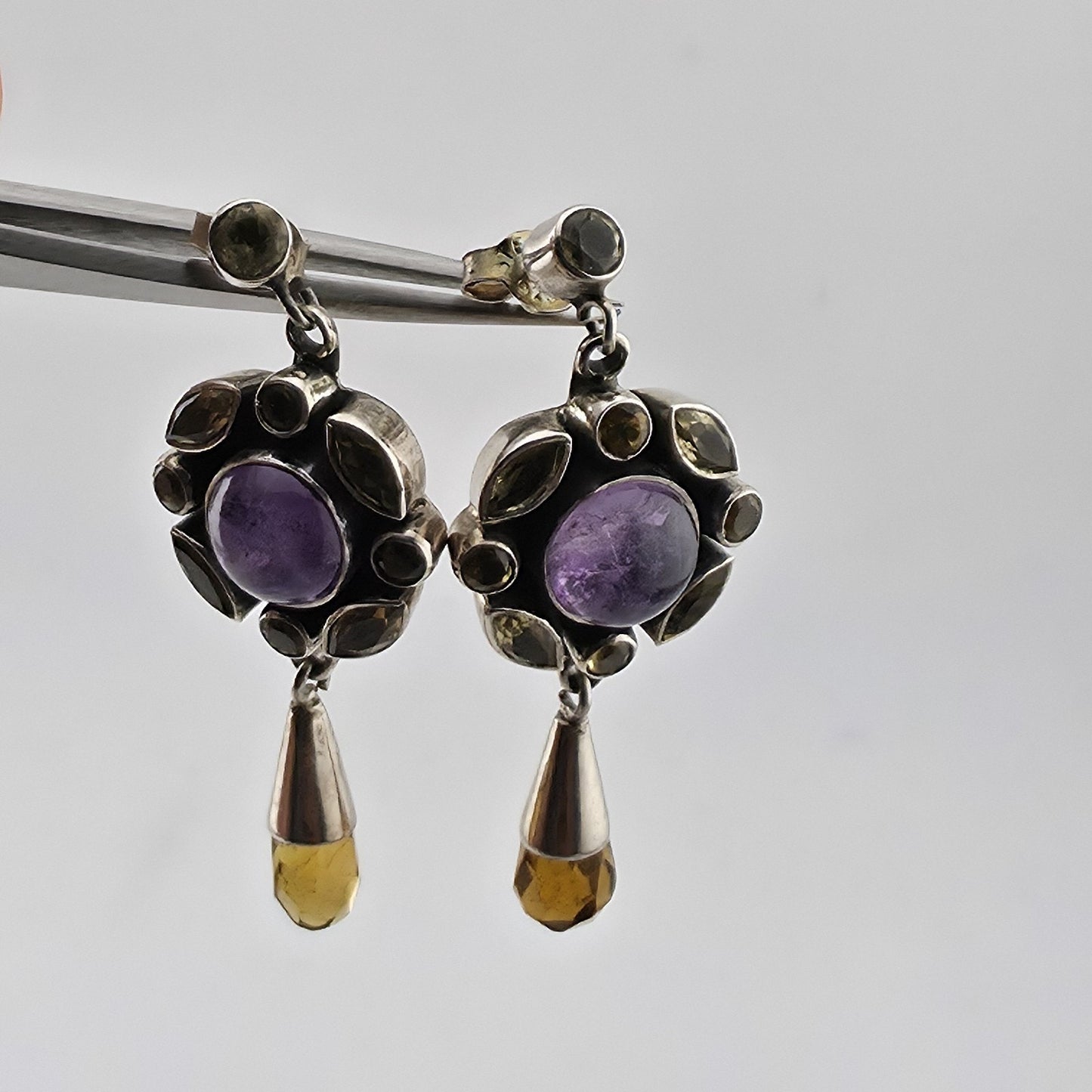 Vintage 925 Sterling Silver Amethyst Citrine Dangle Earrings Gemstone Drop Boho