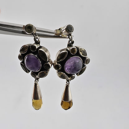 Vintage 925 Sterling Silver Amethyst Citrine Dangle Earrings Gemstone Drop Boho