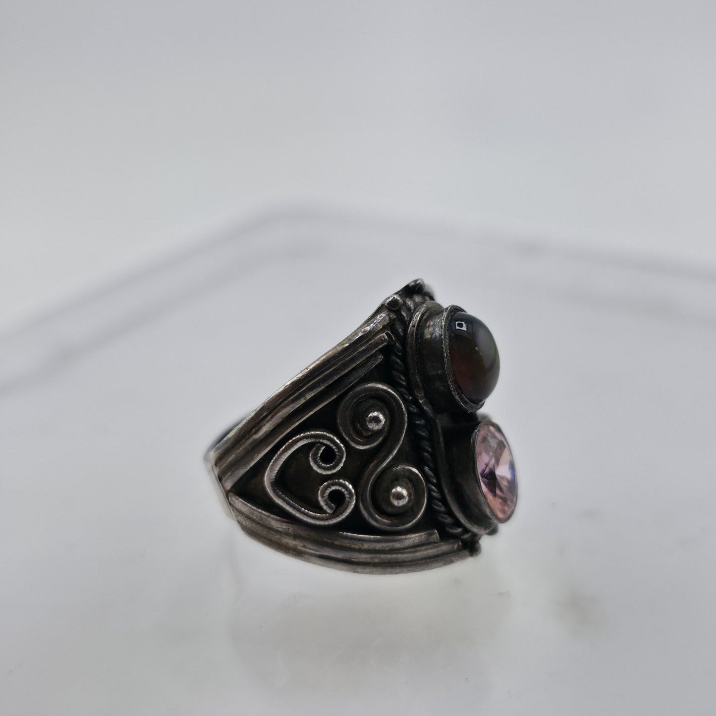 Vintage Sterling Silver Ring Pink Stone Opal Cabochon Filigree Size 8.75 925