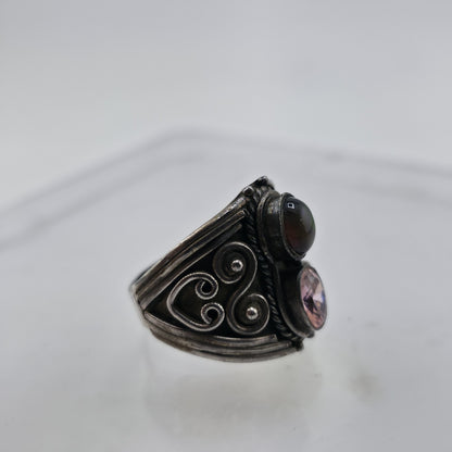 Vintage Sterling Silver Ring Pink Stone Opal Cabochon Filigree Size 8.75 925