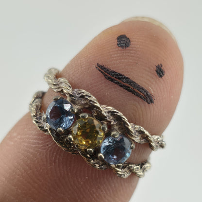 Vintage Sterling Silver Three Stone Ring Size 6.25Mother Grandmother Rope Ring