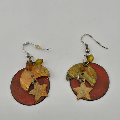 Vintage Handmade Boho Dangle Earrings Star Moon Mixed Media Rustic Art Jewelry