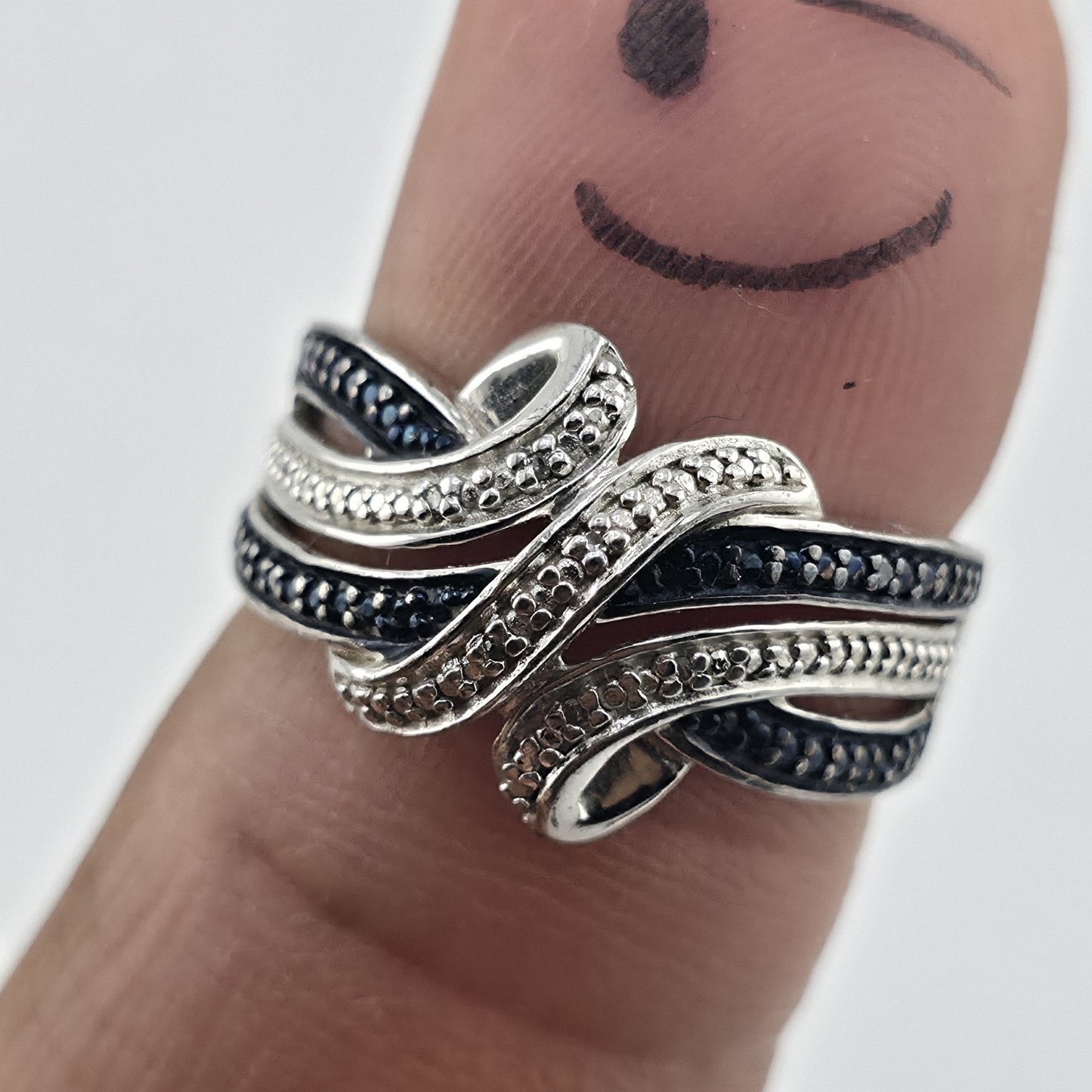 Sterling Silver Blue & Clear Stone Wave Ring Size 7 925 Statement Band