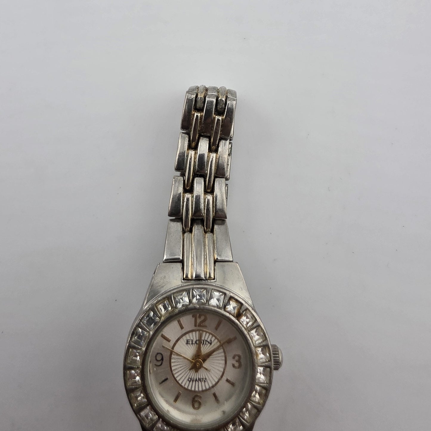 Vintage Elgin Ladies Quartz Watch Crystal Bezel Two Tone Bracelet Runs Read