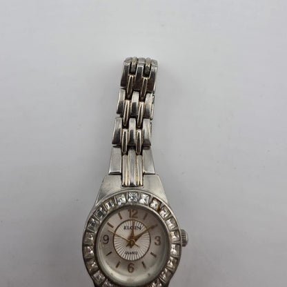 Vintage Elgin Ladies Quartz Watch Crystal Bezel Two Tone Bracelet Runs Read
