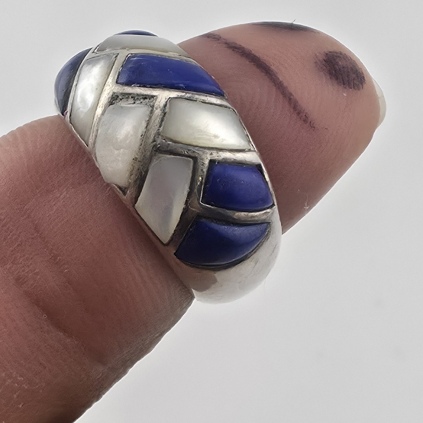 Vintage Sterling Silver Blue White Inlay Ring Size 6 Thailand 925 Mosaic Dome