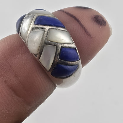 Vintage Sterling Silver Blue White Inlay Ring Size 6 Thailand 925 Mosaic Dome