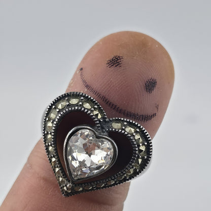 Sterling Silver 925 Heart Ring Clear CZ Marcasite Open Heart Size 7 Patina