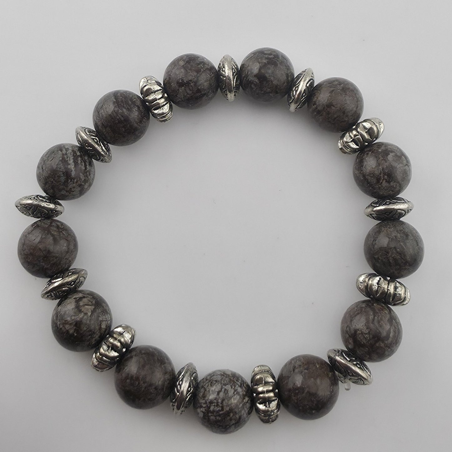 Bali Silver Tone Coffee Bean Jasper Beaded Stretch Bracelet 6" Jewelry