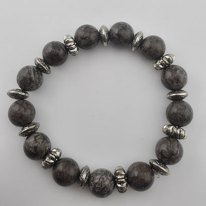Bali Silver Tone Coffee Bean Jasper Beaded Stretch Bracelet 6" Jewelry