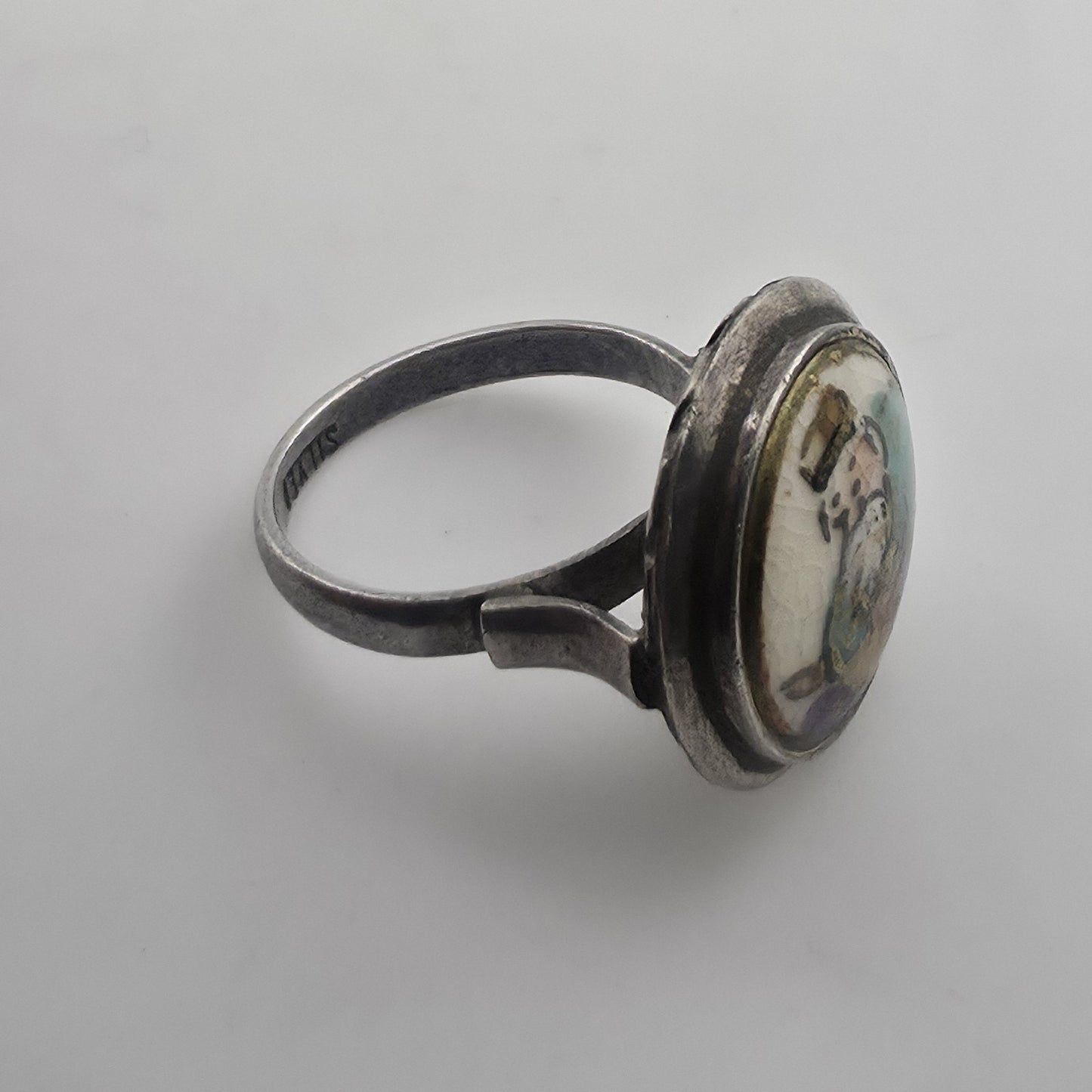 Antique Japanese Satsuma Porcelain Button Ring Sterling Silver Size 5 Jewelry