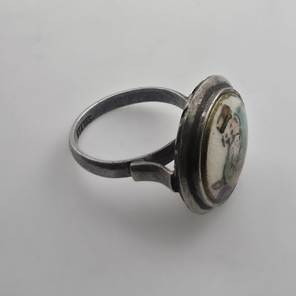 Antique Japanese Satsuma Porcelain Button Ring Sterling Silver Size 5 Jewelry