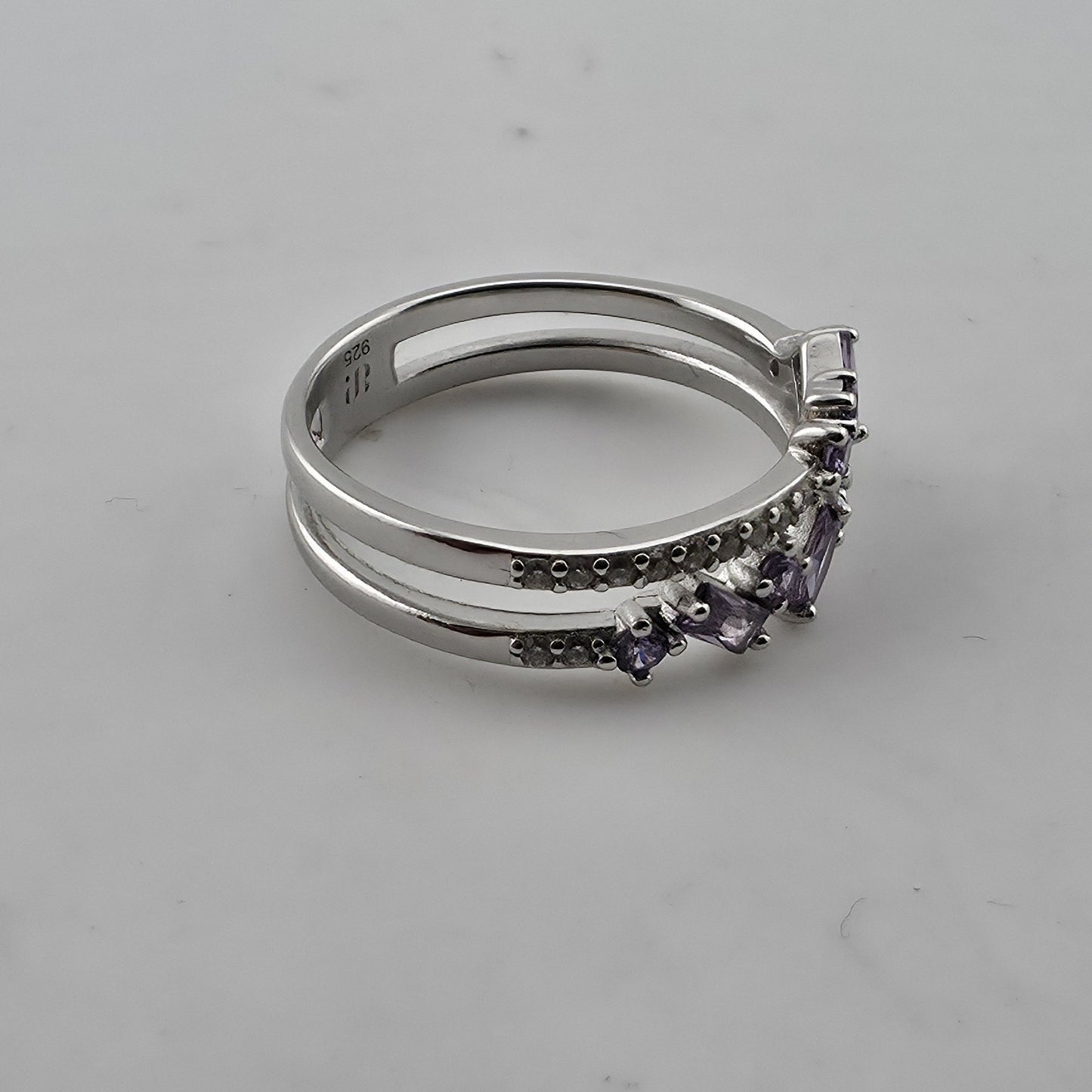 925 Sterling Silver Purple Amethyst Baguette Round Stone Ring Size 9 Split Band