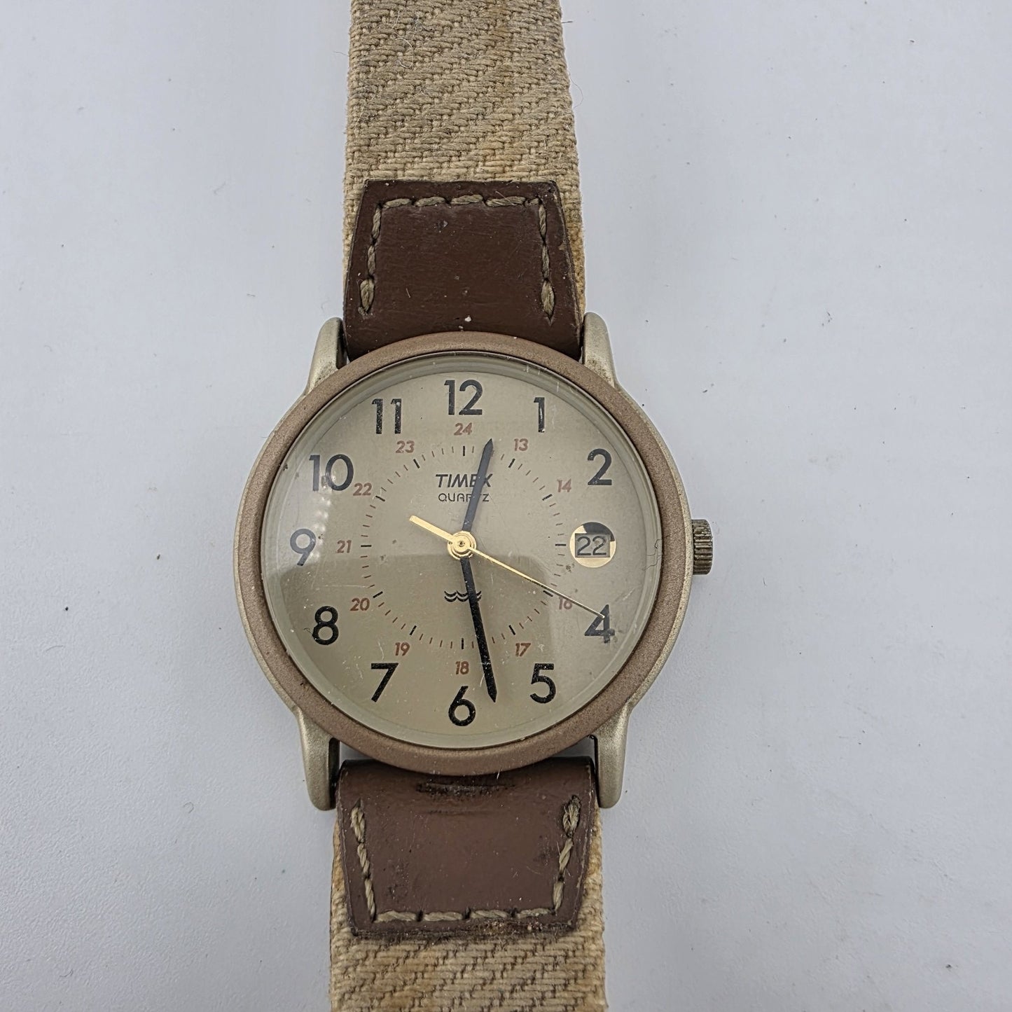 Timex Quartz Watch Beige Dial Date Brown Canvas Leather Strap Working